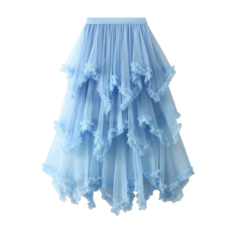 Baby Blue Aysmmetrical Hem Tulle Skirt tiered skirt playful