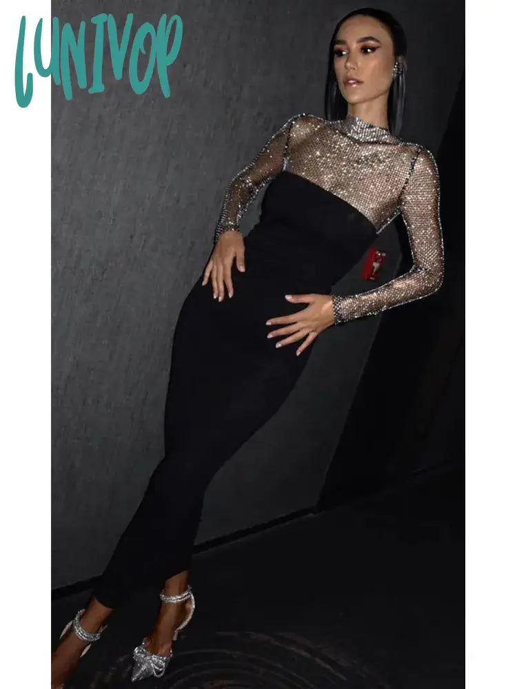 Lunivop Women Summer Chic Sexy Long Sleeve Crystal Diamonds Black Midi Bodycon Bandage Dress Elegant Evening Club Party Dress Tunics Evening elegant Lunivop Women Summer Chic Sexy Long Sleeve Crystal Diamonds Black Midi Bodycon Bandage Dress Elegant Evening Club Party Dress Tunics Evening elegant