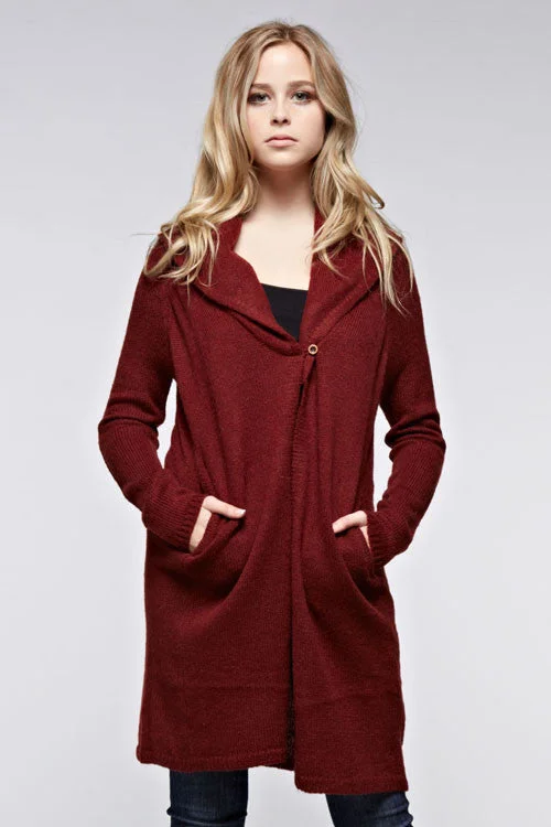 Long Sweater Cardigan W/ Wooden Button Welt Pockets Slit Pockets Flap Pockets