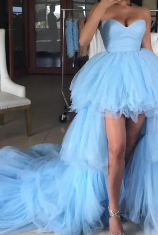 Blue Sweetheart Tulle High Low Prom Dresses with Long Train, Unique Strapless Party Dress cg4957 Tunics Trousers formal Blue Sweetheart Tulle High Low Prom Dresses with Long Train, Unique Strapless Party Dress cg4957 Tunics Trousers formal