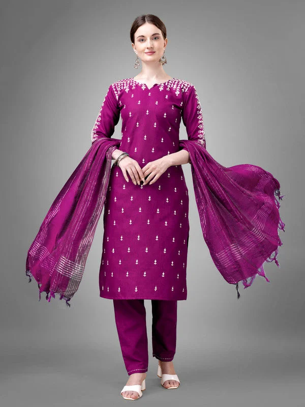 Women's Embroidered Cotton Blend Kurta Pant Dupatta Set - Malishka Export Formal Wide-Leg Pants
