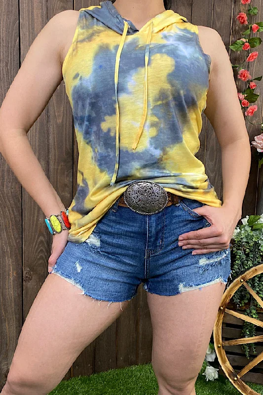 FW8532 Yellow/grey tie dye tank top w/hoodie high neck tank