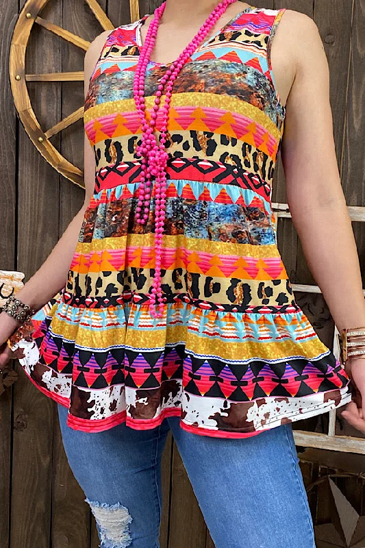 YMY12669 Multi color Aztec & Animal printed baby doll blouse tank top one shoulder tank YMY12669 Multi color Aztec & Animal printed baby doll blouse tank top one shoulder tank