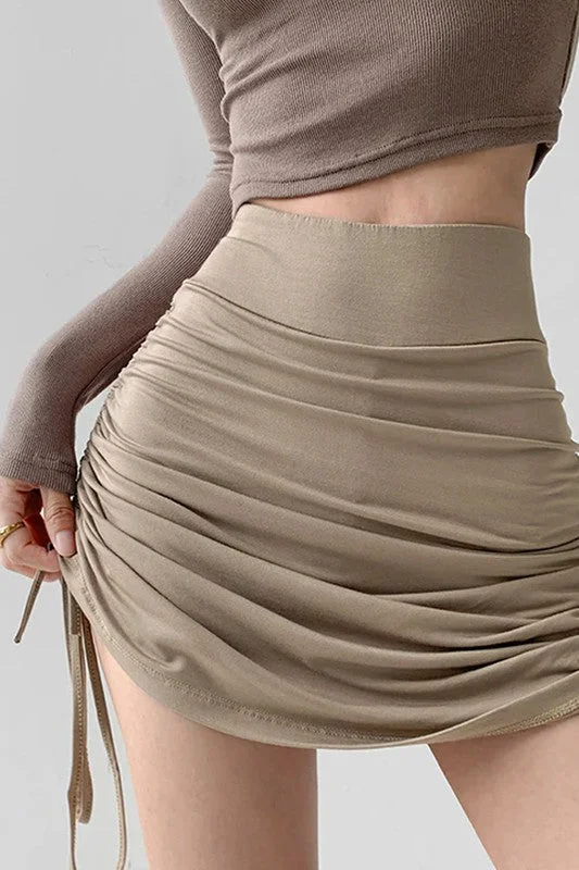 ADJUSTABLE DRAWSTRING FOLD WRAP SHORT SKIRT corduroy skirt textured