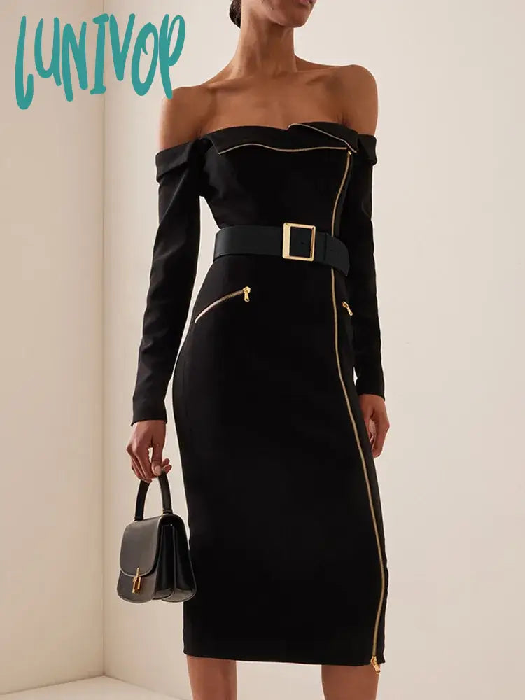 Lunivop Women Celebrity Sexy Off Shoulder Zipper Long Sleeve Black Belt Midi Bodycon Bandage Dress Elegant Evening Club Party Dress Tunics Timeless classic Lunivop Women Celebrity Sexy Off Shoulder Zipper Long Sleeve Black Belt Midi Bodycon Bandage Dress Elegant Evening Club Party Dress Tunics Timeless classic