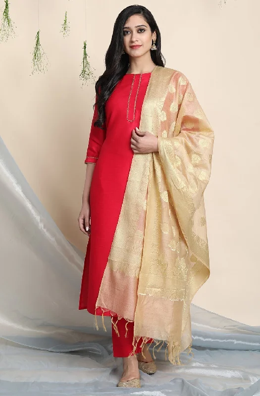 Women's Pink Poly Silk Kurta With Pant And Dupatta-Janasya Classic Cropped Pants