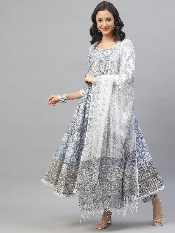 Women's Sky blue Hand Block Printed Anarkali kurta Pant Set with Dupatta - Taantav Comfy Athletic Pants Women's Sky blue Hand Block Printed Anarkali kurta Pant Set with Dupatta - Taantav Comfy Athletic Pants