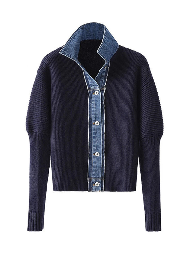 Denim Patchwork Cardigan Sweater Stylish Fashionable Trendy