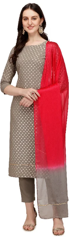 Women's Grey Poly Crepe Straight Kurta Pant With Dupatta - Fiorra Soft Stretch Pants Women's Grey Poly Crepe Straight Kurta Pant With Dupatta - Fiorra Soft Stretch Pants