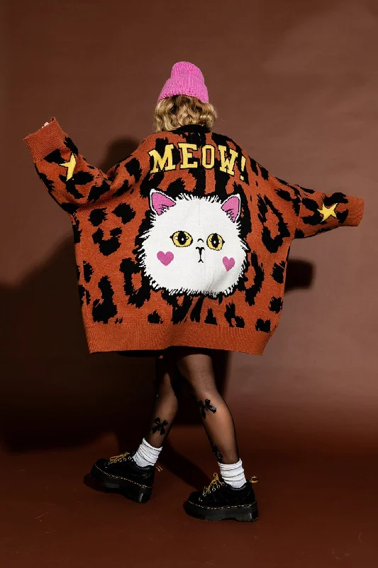 Meow! Oversized Leopard Cardigan Silk Blend Satin Velvet