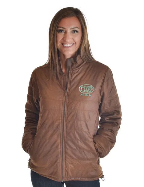 Cowgirl Tuff Womens Midweight Logo Brown Poly/Spandex Softshell Jacket Welt Pockets Slit Pockets Flap Pockets Cowgirl Tuff Womens Midweight Logo Brown Poly/Spandex Softshell Jacket Welt Pockets Slit Pockets Flap Pockets