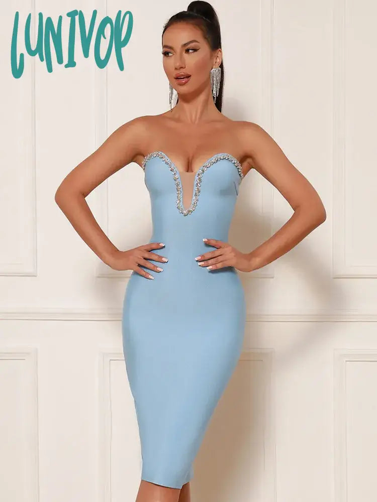 Lunivop New Women Summer Sexy Strapless Backless Beading Mesh Sky Blue Midi Bandage Dress Elegant Evening Celebrity Party Dress Tunics Essential wardrobe Lunivop New Women Summer Sexy Strapless Backless Beading Mesh Sky Blue Midi Bandage Dress Elegant Evening Celebrity Party Dress Tunics Essential wardrobe