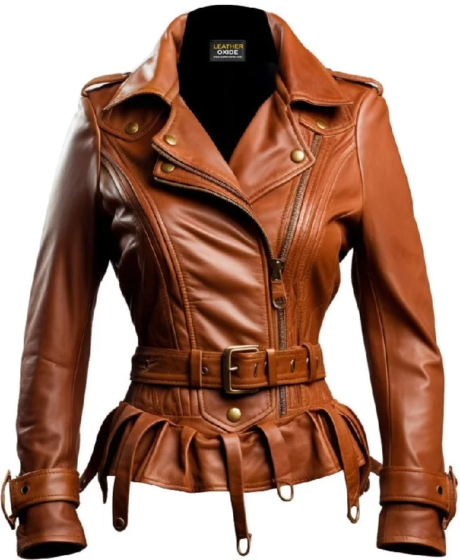 Women Assymetrical Brown Leather Jacket Belted Jacket Elasticated Jacket Padded Jacket