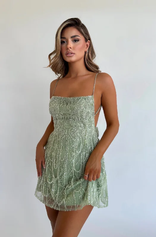 MINNA Fashion BOA Mint Sequin Backless Mini Party Dress Tunics Fall fleece