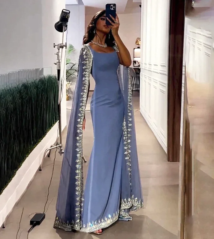 Dusty Blue Mermaid Appliques Beading Long Party Dress with Cape Sleeves,DP500 Tunics Luxurious premium Dusty Blue Mermaid Appliques Beading Long Party Dress with Cape Sleeves,DP500 Tunics Luxurious premium