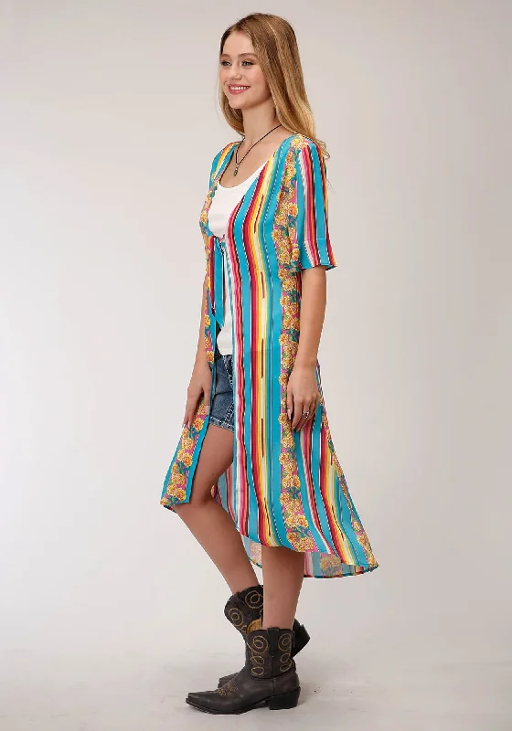 Roper Womens Multi-Color Rayon/Nylon Serape Stripe S/S Cardigan Herringbone Houndstooth Plaid