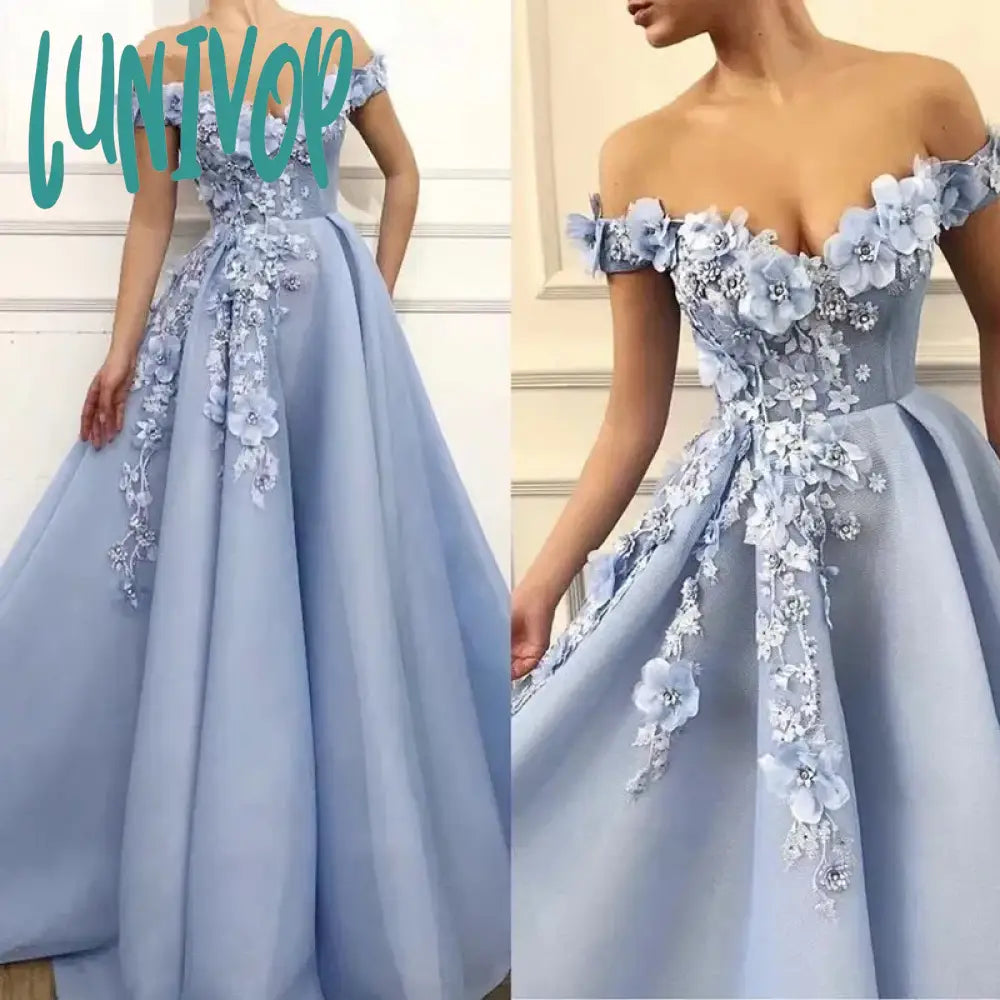 Lunivop Private Custom Elegant Blue Women's Evening Dress With 3D Flowers Off-Shoulder Pearl Fold Heavy Hand Custom Prom Party Dress Chiffon Maxi Beach Lunivop Private Custom Elegant Blue Women's Evening Dress With 3D Flowers Off-Shoulder Pearl Fold Heavy Hand Custom Prom Party Dress Chiffon Maxi Beach
