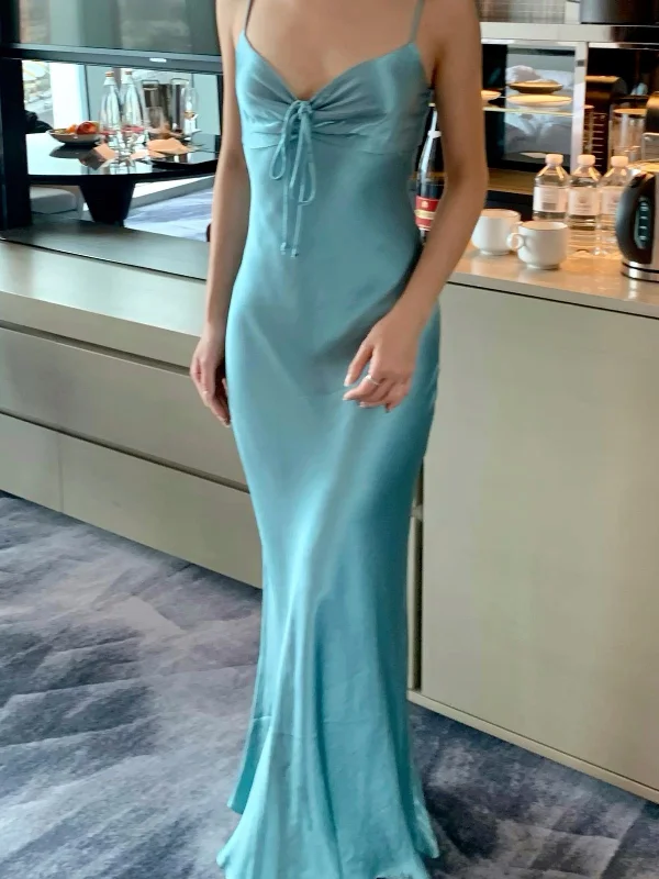 Blue Spaghetti Straps Mermaid Satin Long Party Dress Wedding Guest Dress, DP4593 Tunics Leisure comfortable Blue Spaghetti Straps Mermaid Satin Long Party Dress Wedding Guest Dress, DP4593 Tunics Leisure comfortable
