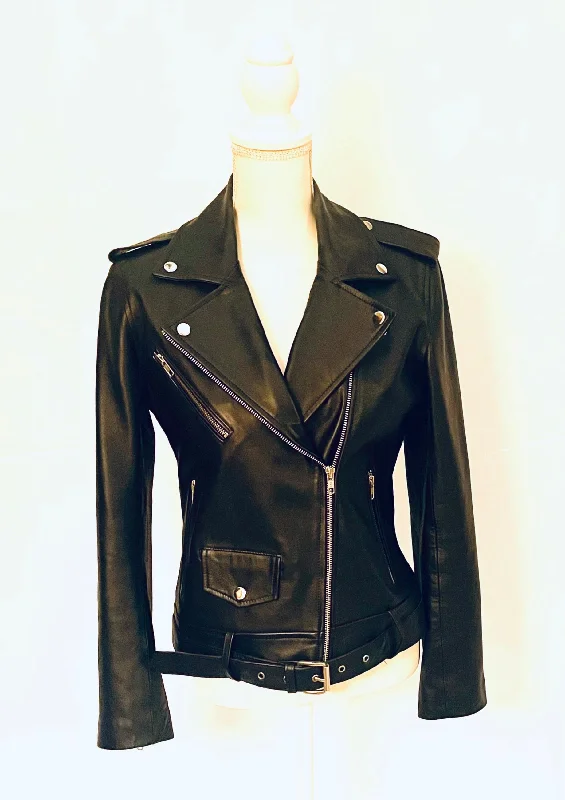Sophia Black Moto Belted Jacket Trench Coat Raincoat Waterproof Jacket