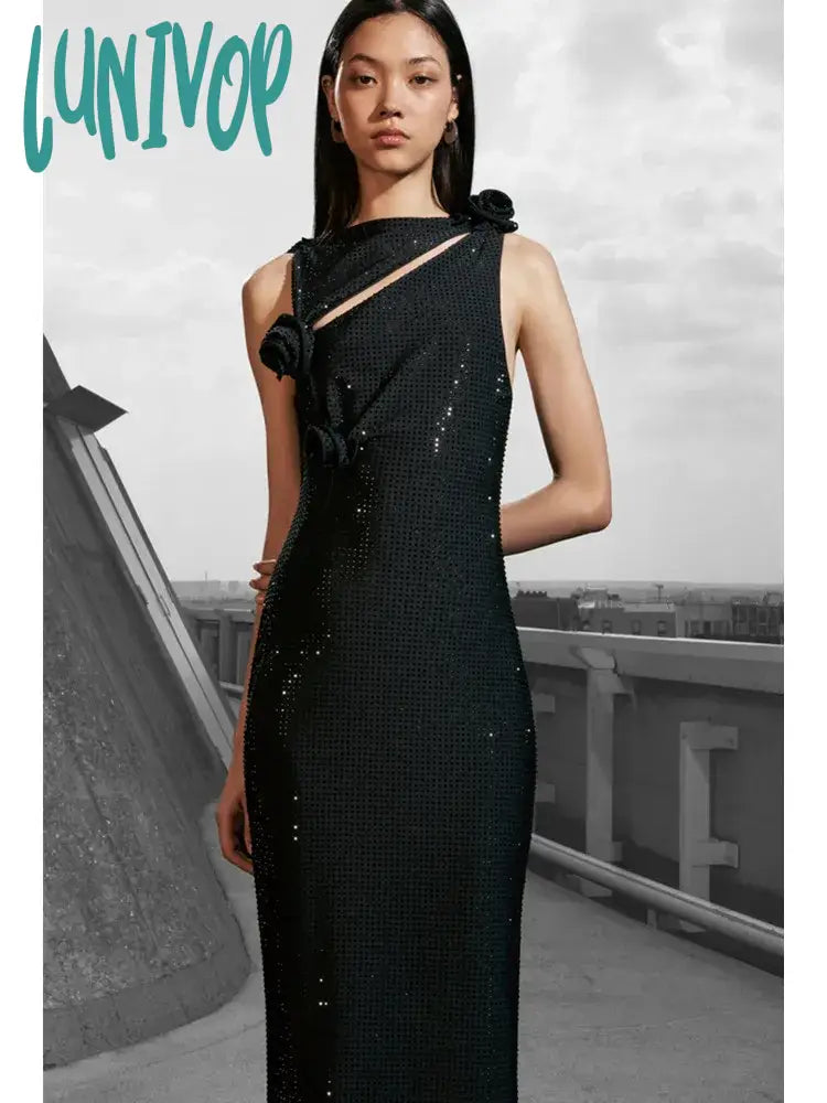 Lunivop Women Sexy Cut Out Studded Rhinestone Flower Black Midi Bodycon Bandage Dress Elegant Evening Club Party Dress Tunics Long Elegant Lunivop Women Sexy Cut Out Studded Rhinestone Flower Black Midi Bodycon Bandage Dress Elegant Evening Club Party Dress Tunics Long Elegant