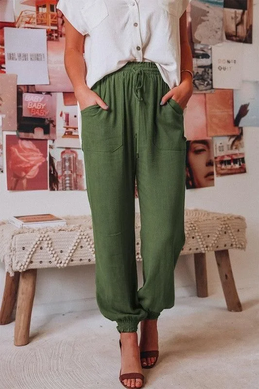 SMOCKING WAIST AND BOTTOM BANDED JOGGER PANTS Relaxed Fit Trousers