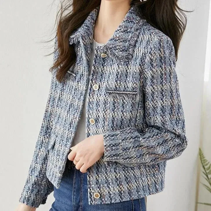 Blue Short Tweed Jacket Women Tiered Jacket Buttoned Jacket Zippered Jacket