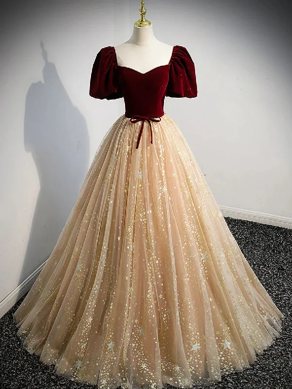 A-line Tulle and Velvet Short Sleeves Party Dress, Sweetheart Long Prom Dress Tunics Polka dots A-line Tulle and Velvet Short Sleeves Party Dress, Sweetheart Long Prom Dress Tunics Polka dots