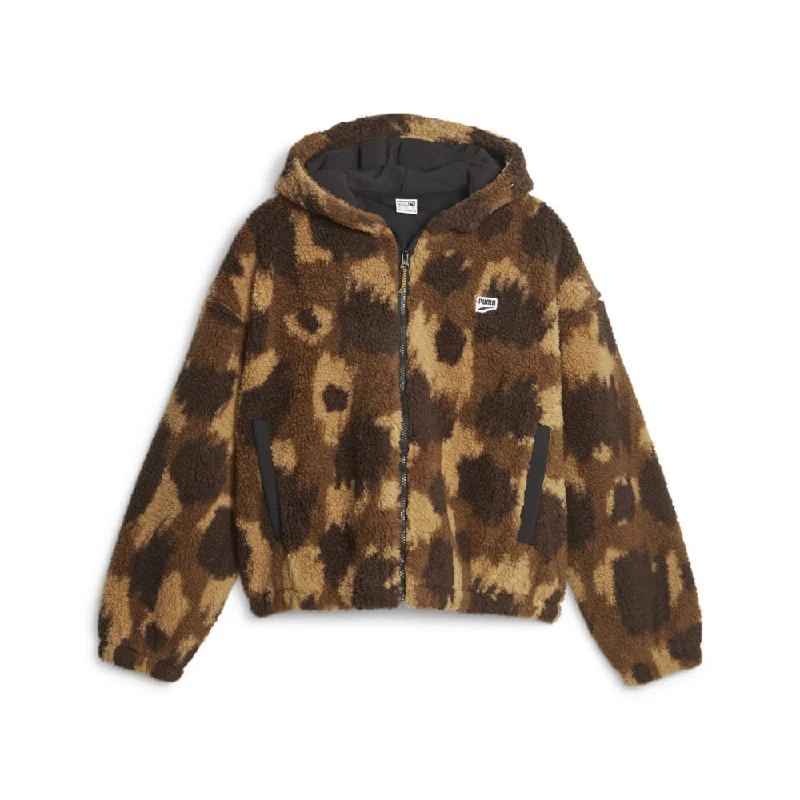 Downtown Animal Print Sherpa Full Zip Jacket Welt Pockets Slit Pockets Flap Pockets