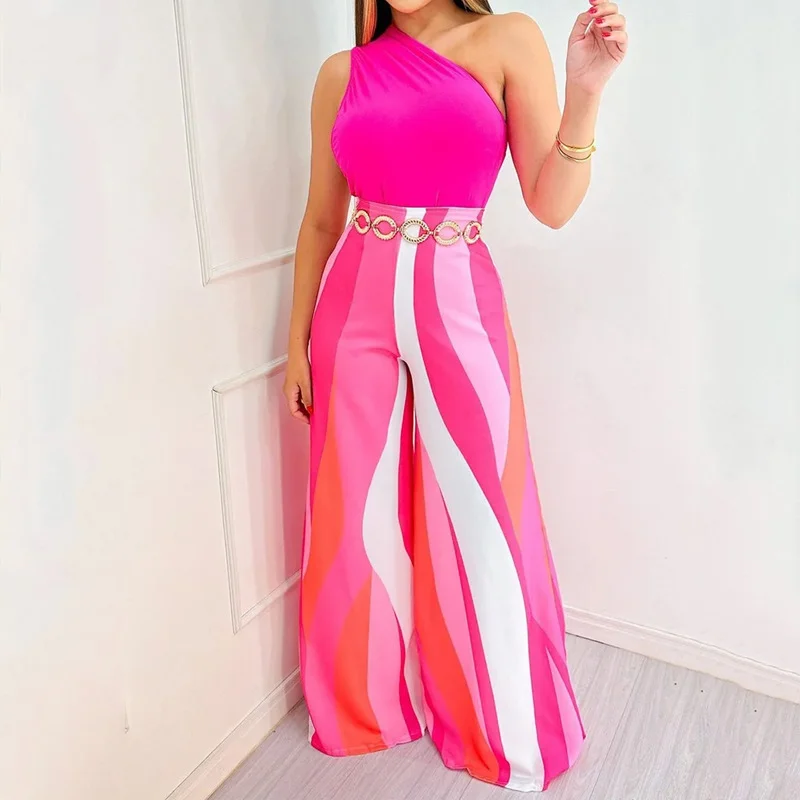 Fashion Oblique Shoulder Sleeveless Vest Loose Wide Leg Printed Pants Women Casual Two Pieces Set Trendy Printed Leggings Fashion Oblique Shoulder Sleeveless Vest Loose Wide Leg Printed Pants Women Casual Two Pieces Set Trendy Printed Leggings