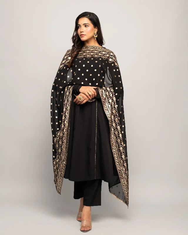 Women's Black Creap A-Line Kurta Pant With dupatta - Fiorra Comfortable Pleated Pants Women's Black Creap A-Line Kurta Pant With dupatta - Fiorra Comfortable Pleated Pants