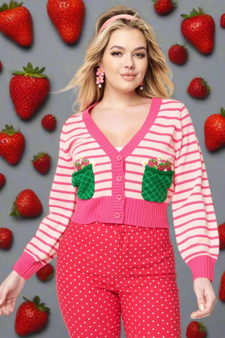 Smak Parlour 1960s Pink Stripes & Strawberry Pocket Cardigan Long Cardigan Short Cardigan Medium Cardigan