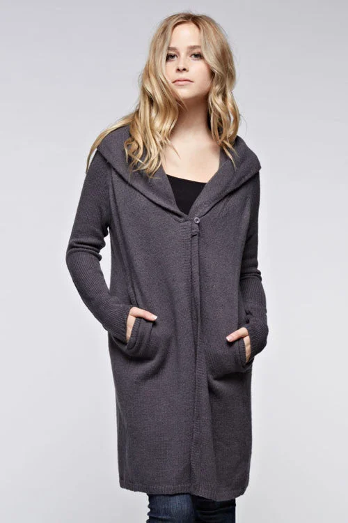 Long Cardigan With Wooden Button Front Pockets Side Pockets Patch Pockets