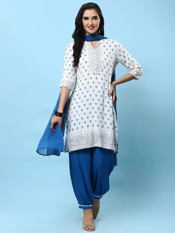 Women's Liva (Rayon) Off White Ornamental Print Kurta Wide Pant Dupatta - Shree Fashionable Tapered Leg Pants Women's Liva (Rayon) Off White Ornamental Print Kurta Wide Pant Dupatta - Shree Fashionable Tapered Leg Pants