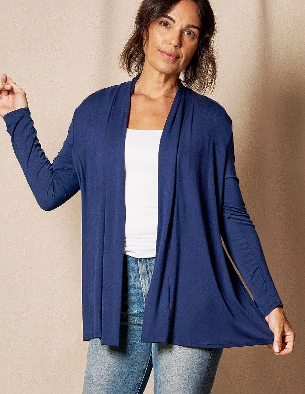 Bamboo Banded Front Cardigan - Navy - Small and 2XL Only Striped Floral Plaid