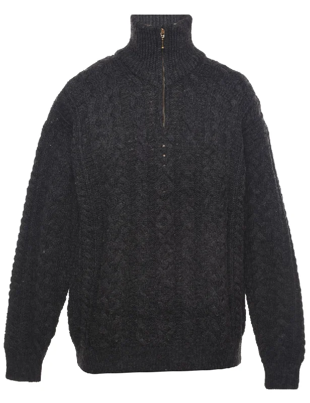 Wool Cable Knit Cardigan - M Crew Neck V-Neck Turtle Neck