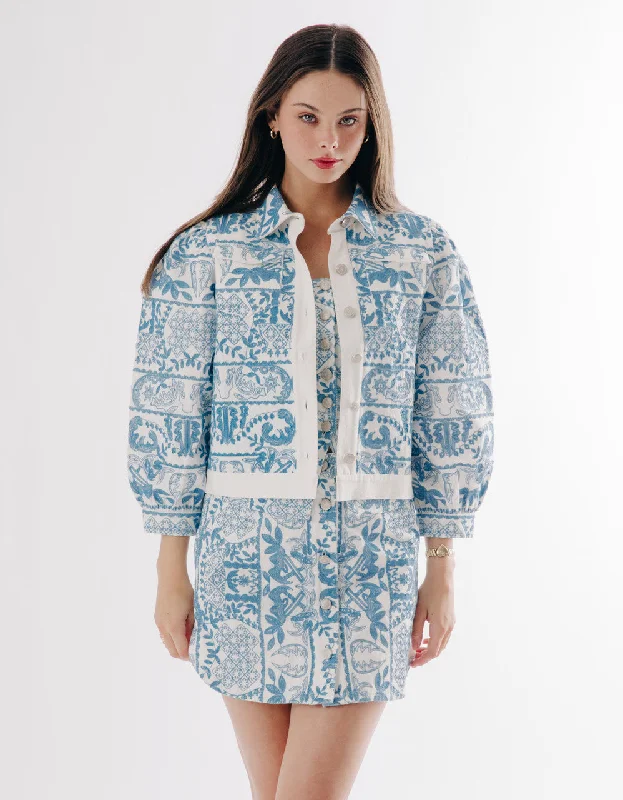 Byron Embroidered Jacket A-Line Jacket Boat Neck Shawl Collar