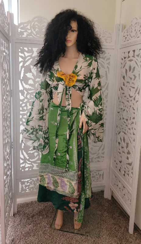 Silk Green Print Boho Reversible Wrap Maxi Skirt silk skirt luxurious