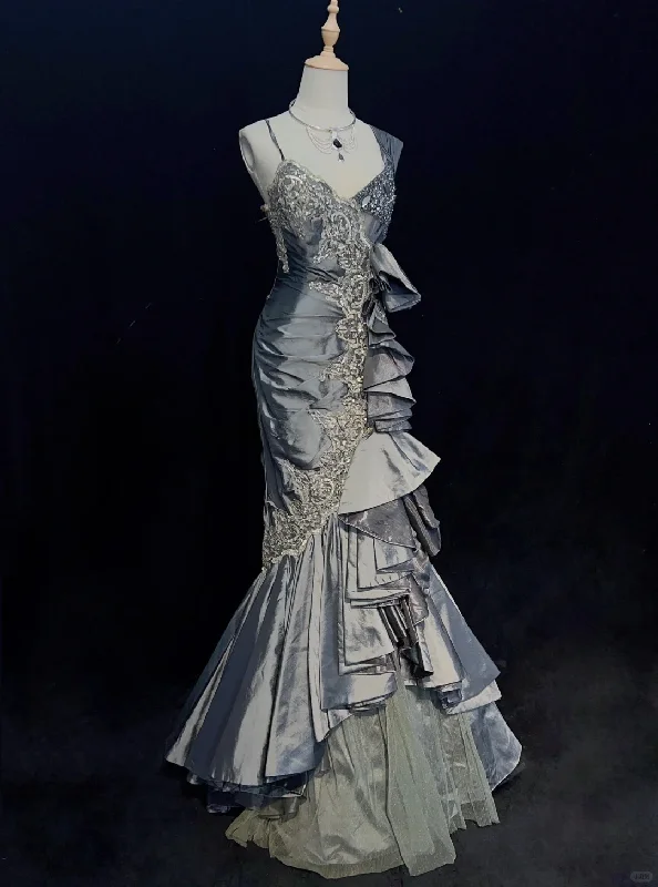 Grey Straps Mermaid Satin Beading Vintage Long Evening Party Dress, DP4887 Lace Sexy Club Grey Straps Mermaid Satin Beading Vintage Long Evening Party Dress, DP4887 Lace Sexy Club