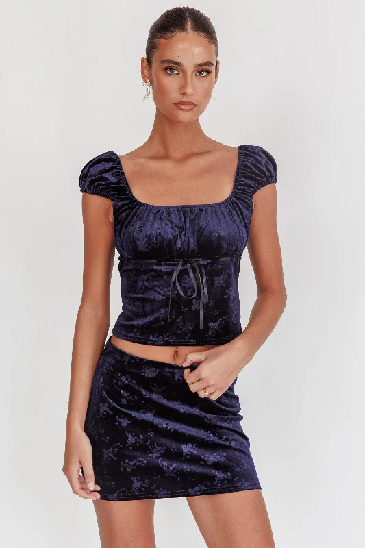 High Rollers Floral Velvet Mini Skirt Navy silk skirt luxurious