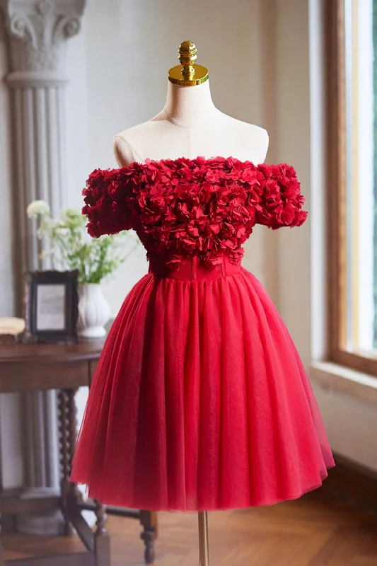 Cute Tulle Short Prom Dress with Appliques, Red A-Line Homecoming Party Dress Turtleneck Warm Winter Cute Tulle Short Prom Dress with Appliques, Red A-Line Homecoming Party Dress Turtleneck Warm Winter