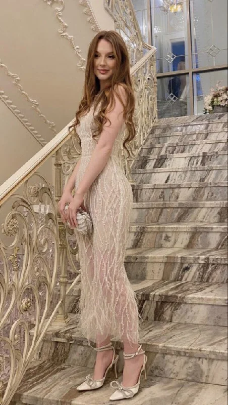 Gorgeous Champagne Beading Feather Mermaid Long Evening Party Dress, DP4635 Tunics Mesh breathable Gorgeous Champagne Beading Feather Mermaid Long Evening Party Dress, DP4635 Tunics Mesh breathable