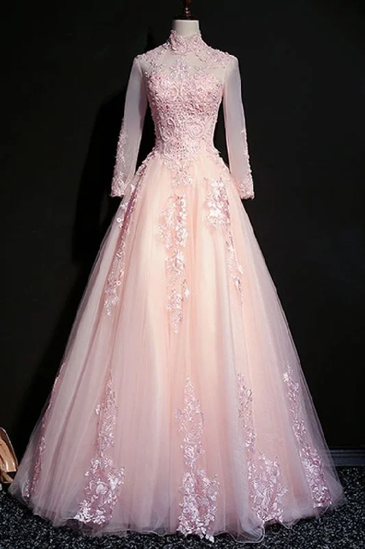 Pink Tulle Long Sleeves Party Dress 2020, Junior Prom Dresses cg5409 Turtleneck Neckline Stylish Pink Tulle Long Sleeves Party Dress 2020, Junior Prom Dresses cg5409 Turtleneck Neckline Stylish