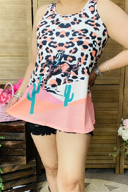 XCH12425 Cowboy riding horse leopard&cactus multi color printed women tank top stylish tank top