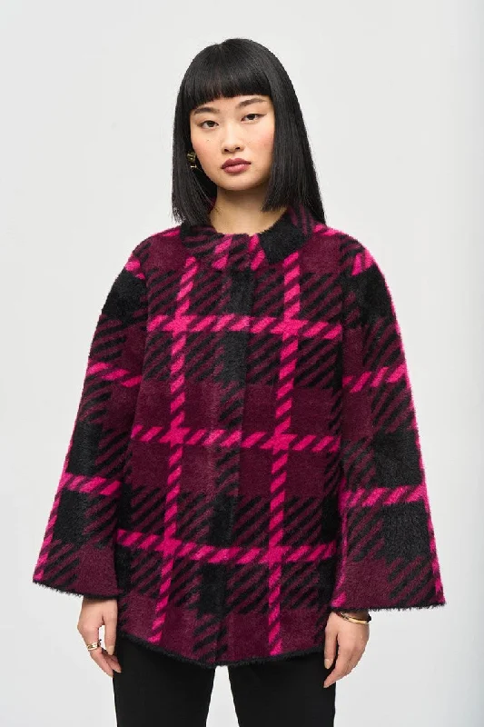 Joseph Ribkoff Feather Yarn Jacquard Plaid Jacket - Pink Punch/Black Knit Fabric Woven Fabric Fleece Fabric Joseph Ribkoff Feather Yarn Jacquard Plaid Jacket - Pink Punch/Black Knit Fabric Woven Fabric Fleece Fabric