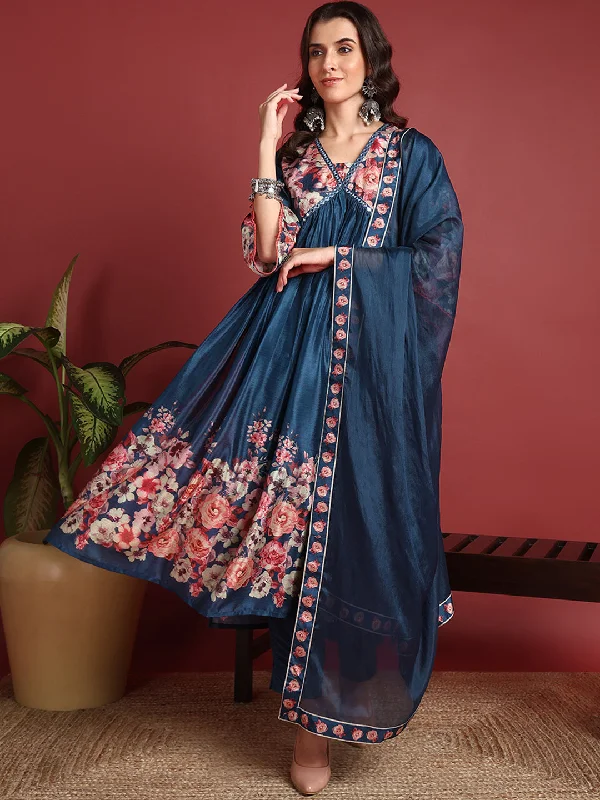 Women's Blue Silk Blend Printed A-Line Kurta Pant Set With Dupatta - Ahika Comfortable Denim Leggings Women's Blue Silk Blend Printed A-Line Kurta Pant Set With Dupatta - Ahika Comfortable Denim Leggings
