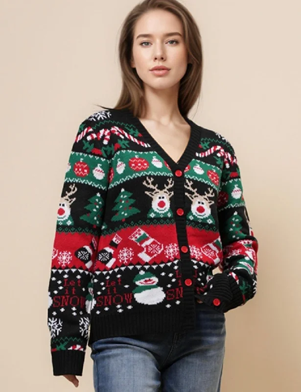 Ladies V-Neck Man Sweater Deer and Snow Cardigan SKT4929 Beaded Cardigan Sequined Faux Fur