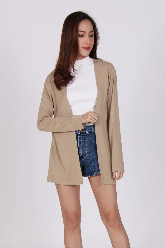 Basic Long Sleeve Cardigan In Beige Mesh Blend Leather Blend Suede Blend