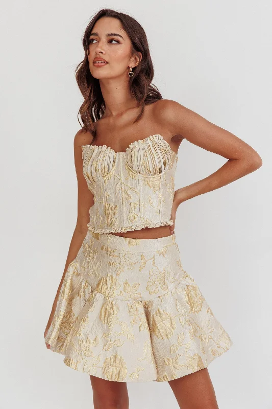 Kamilla Jacquard Flared Mini Skirt Floral Gold leather skirt sleek