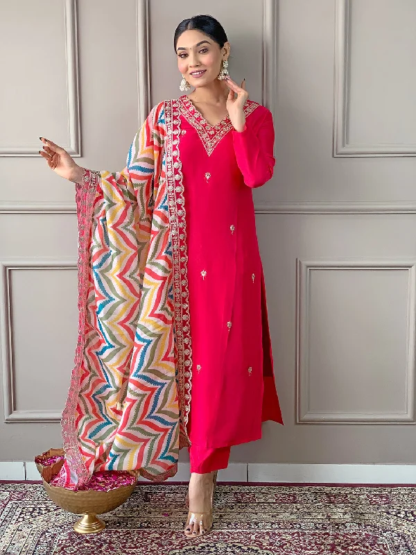 Women's V Neck Embroidered Work Viscose Fabric Kurta & Pant With Dupatta Set - Taantav Trendy Wide-Legged Trousers Women's V Neck Embroidered Work Viscose Fabric Kurta & Pant With Dupatta Set - Taantav Trendy Wide-Legged Trousers