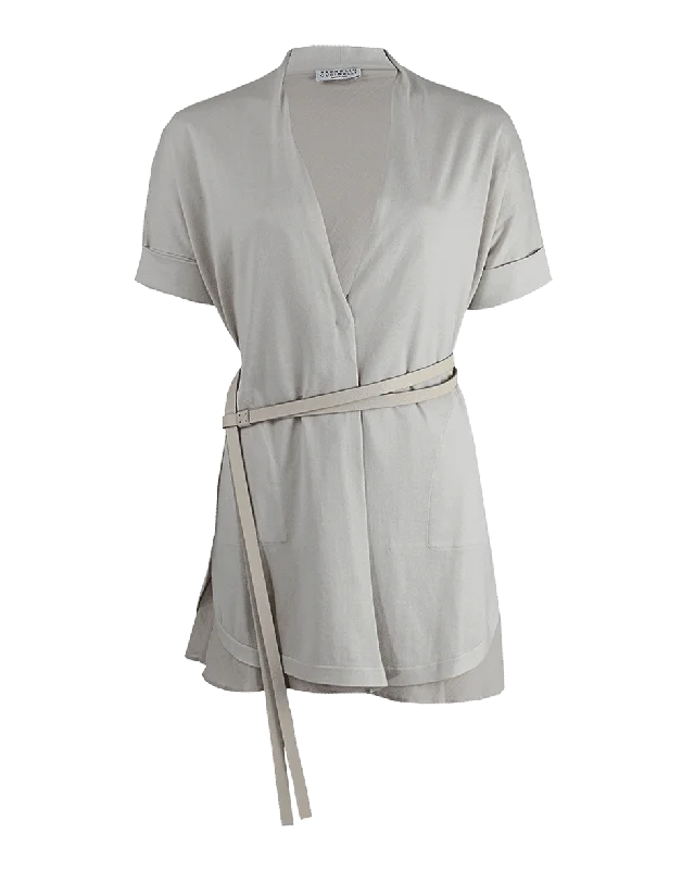 Short Sleeve Cotton Cardigan with Belt Houndstooth Herringbone Solid